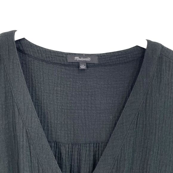 Madewell‎ Lightspun Button-Front Tiered Midi Dress Size 12 black gauze muslin - Picture 5 of 10